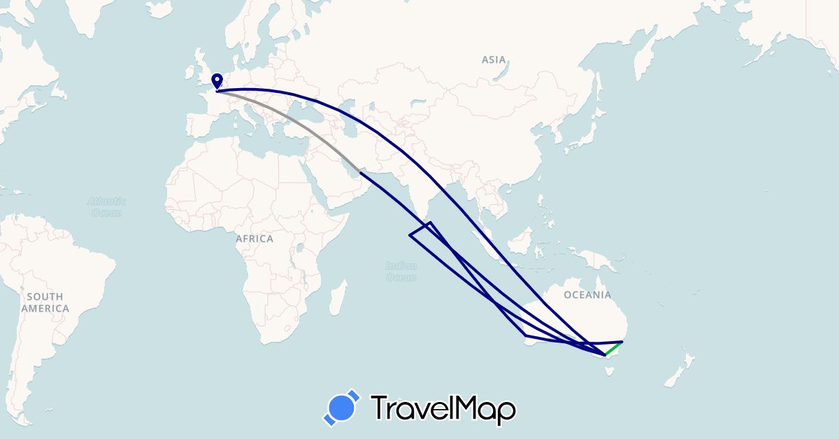 TravelMap itinerary: driving, bus, plane in United Arab Emirates, Australia, France, Sri Lanka, Maldives (Asia, Europe, Oceania)